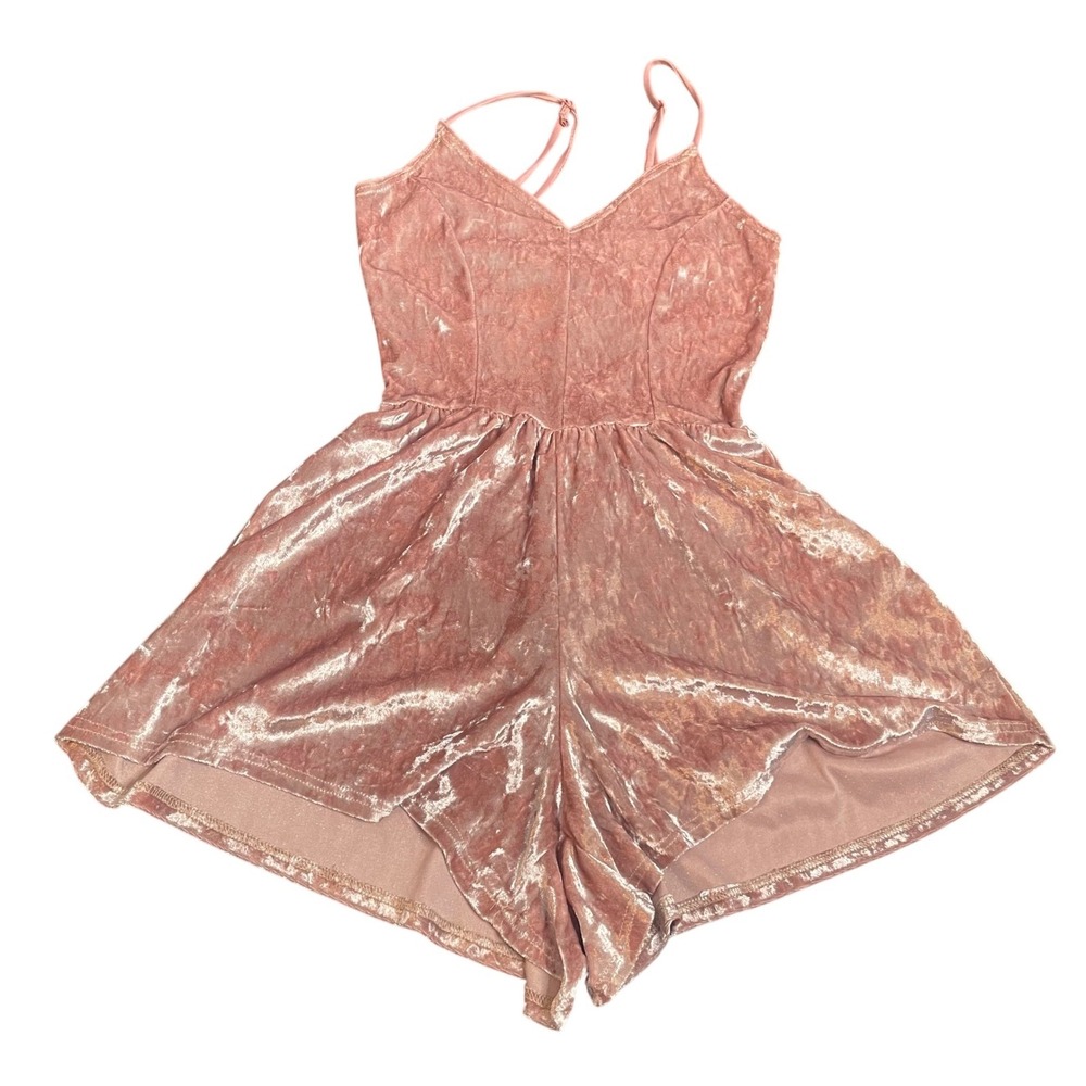 Snap Pink Crushed‎ Velvet Romper Womens Small Spaghetti Strap V-Neck Made in USA